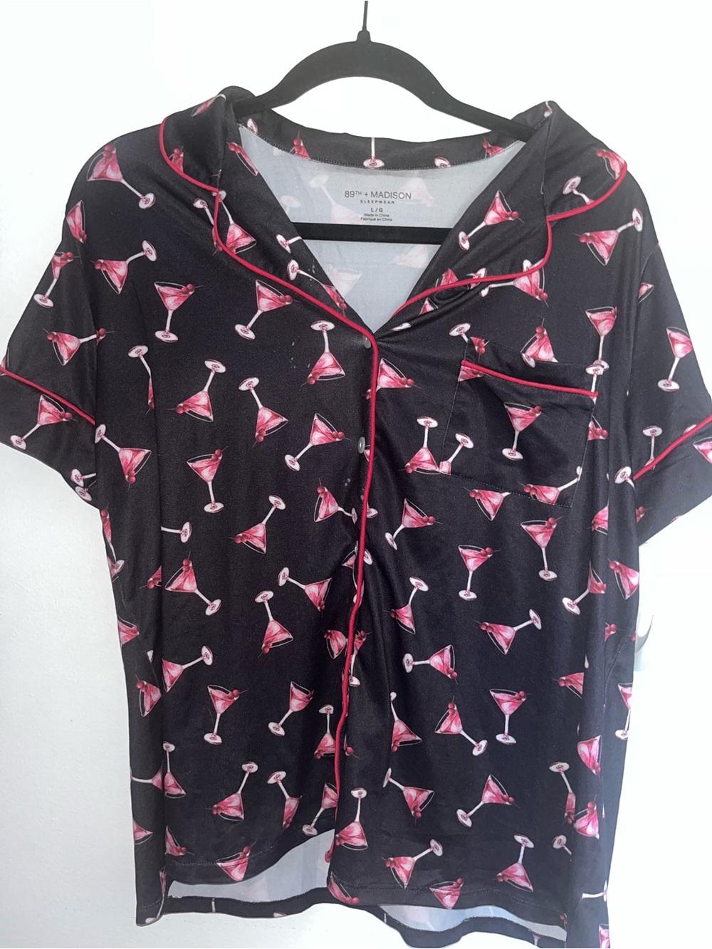 89th & Madison Black Short-Sleeve Pajama Top with Pink Martini Print